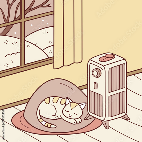 Cute cat sleeping near heater during winter season by the window
