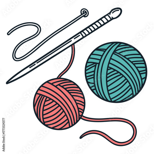 Illustration of knitting needles and yarn balls