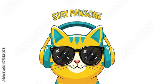 Cute cartoon cat with sunglasses and headphones