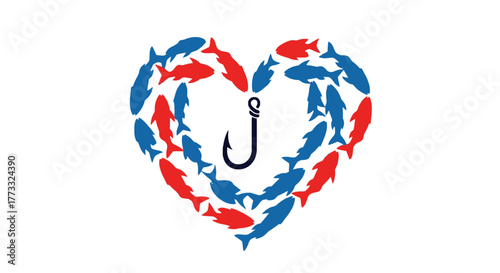 Heart shaped fish hook logo, a symbol of love for fishing