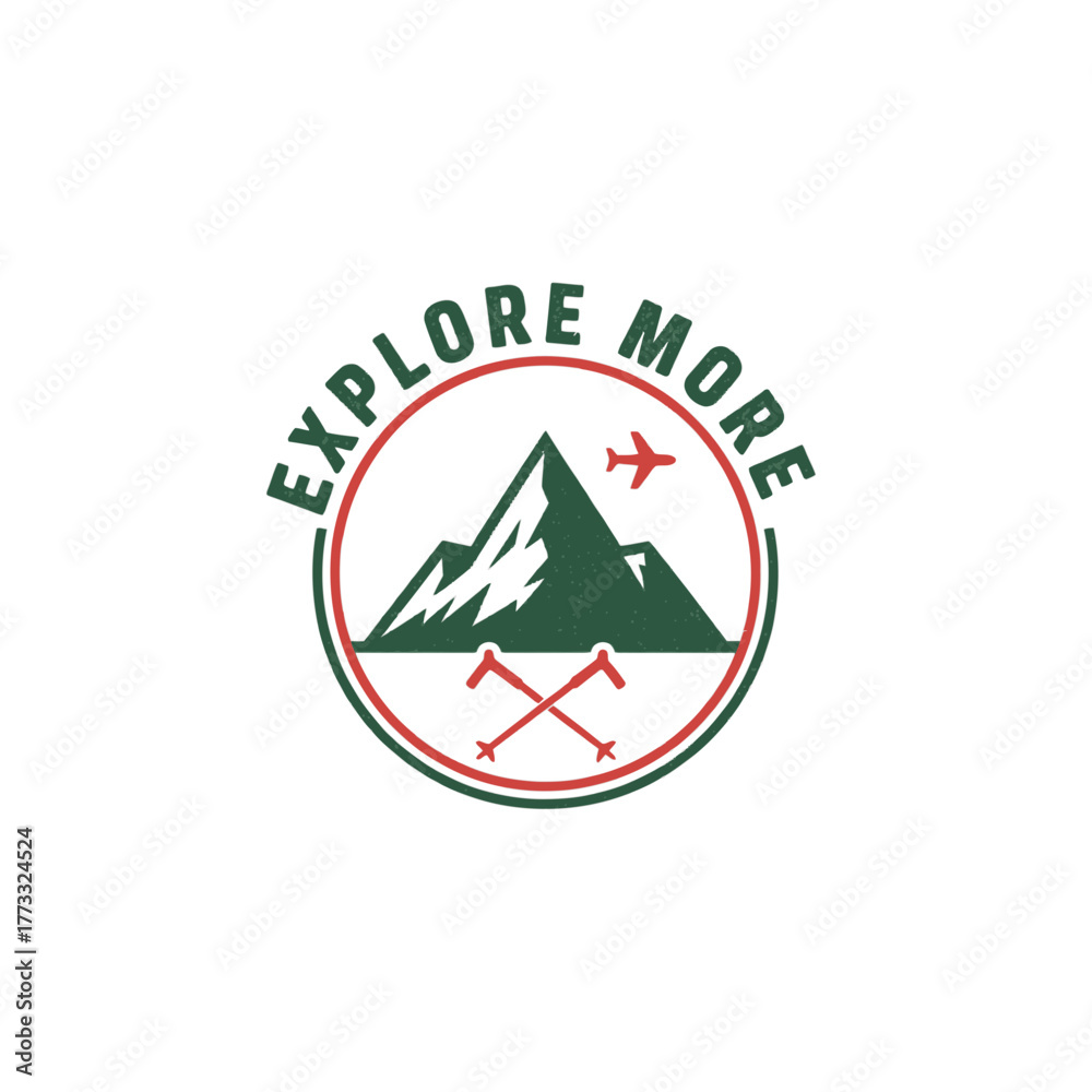 Obraz premium Explore more adventure logo with mountain, airplane, and hiking poles