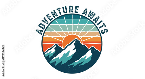 Retro adventure awaits logo featuring mountains and sunburst
