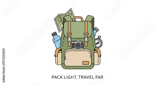 Pack light, travel far illustration of a backpack with travel essentials