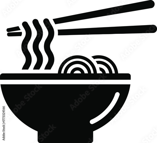 Chopsticks lifting steaming noodles from a black bowl icon