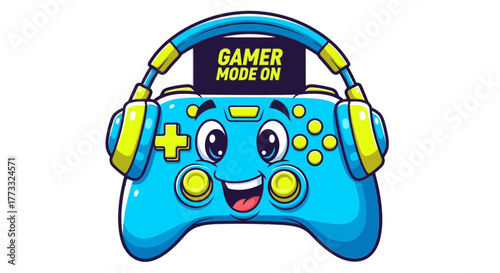 Cartoon gamepad with headphones and gamer mode on message video game concept