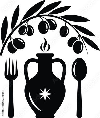 Rustic olive branch over ancient amphora with utensils