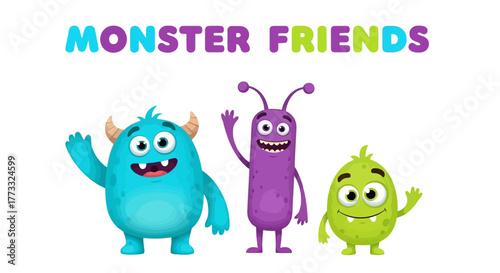 Three cheerful cartoon monsters, a blue furry one, a purple one, and a green one