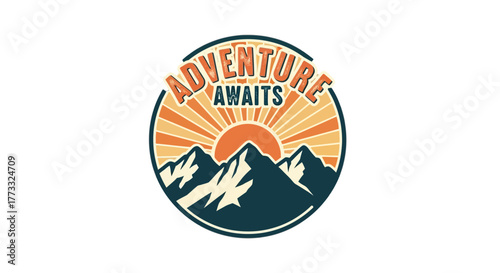 Adventure awaits logo with mountains and sun for outdoor activity and travel