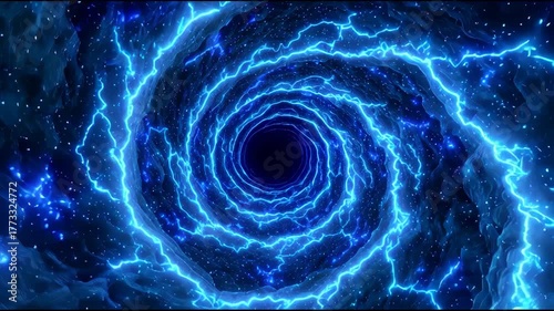 Dramatic cosmic tunnel of powerful blue energy, swirling vortex of bright lightning pulling toward deep black hole, mysterious wormhole and futuristic space portal