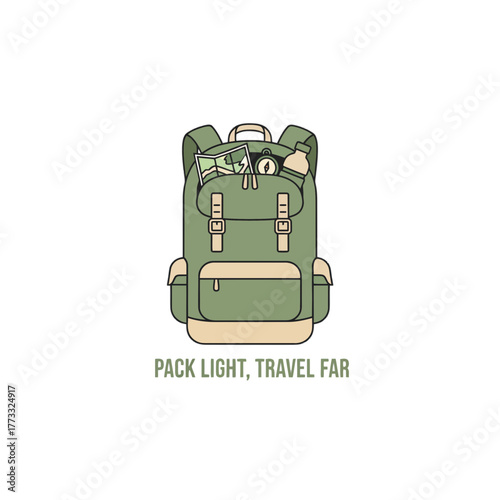 Backpack with travel accessories and pack light, travel far text vector art