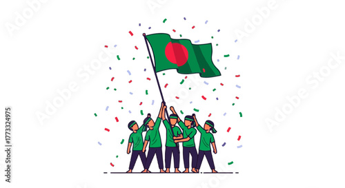 Group of people raising bangladesh flag with confetti, celebrating victory
