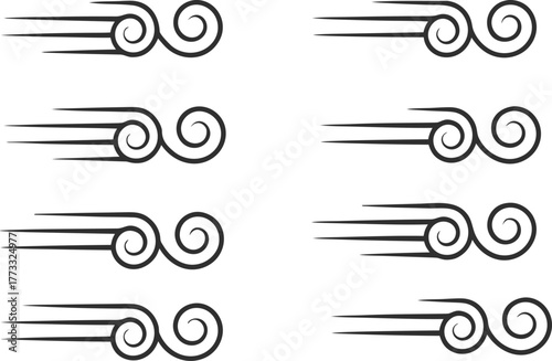 Stylized swirling wind gusts or smoke trails