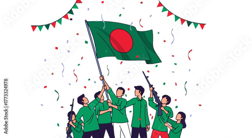 Group of people raising bangladesh flag with confetti, celebrating victory