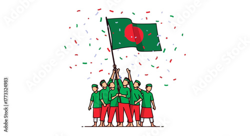 Group of people raising bangladesh flag with confetti, celebrating victory