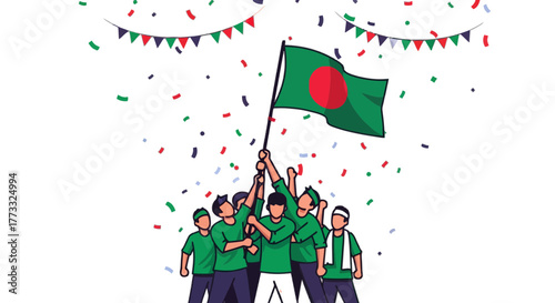 Enthusiastic crowd celebrating bangladesh victory day with flag and confetti