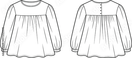 Fashion illustration, technical blouse sketch, long sleeve design, gathered yoke detail, button back placket, round neckline, flowing silhouette, apparel technical flat