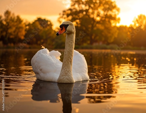 Fototapeta Naklejka Na Ścianę i Meble -  Elegant white swan on a calm lake at golden hour
