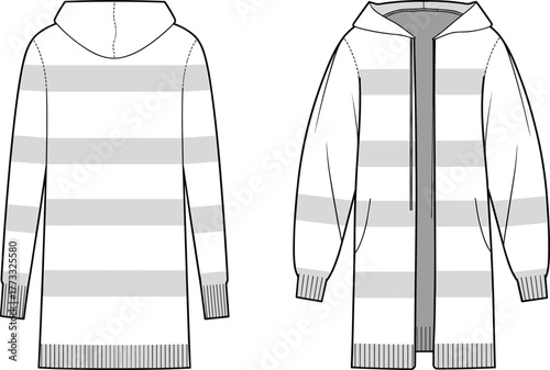Fashion illustration, technical cardigan sketch, hooded design, striped pattern detail, ribbed cuff drawing, open front silhouette, garment construction, apparel technical flat
