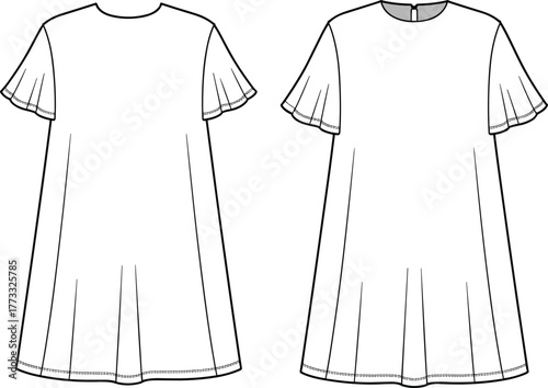 Fashion illustration, technical dress sketch, flutter sleeve design, round neckline detail, flared silhouette drawing, curved hemline, garment construction, apparel technical flat