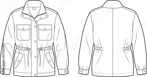 Technical jacket flat sketch, front and back view, vector fashion template, utility outerwear design, apparel construction drawing, garment blueprint