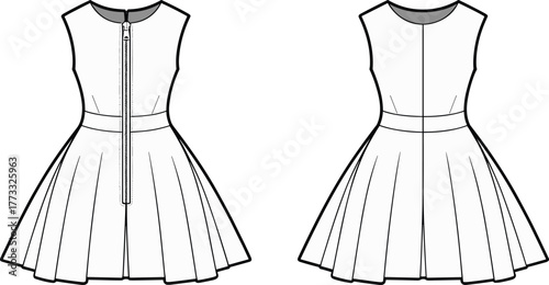 Fashion illustration, technical dress sketch, sleeveless design, pleated skirt drawing, fitted bodice detail, zipper front closure, waistband structure, garment construction, apparel flat