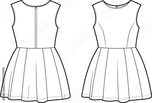 Fashion illustration, technical dress sketch, sleeveless pleated design, fitted bodice detail, princess seam drawing, zipper back closure, garment construction, apparel technical flat