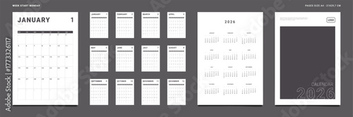 2026 Calendar Planner Set of Template Monthly Pages, Cover with Place for Photo, Company Logo Annual 2027. Vector layout grid vertical of wall or desk organizer. Week start Monday. Page A4 ready print