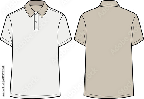 Fashion illustration, technical polo shirt sketch, short sleeve design, two tone color scheme, button placket detail, classic collar, apparel construction, garment technical flat