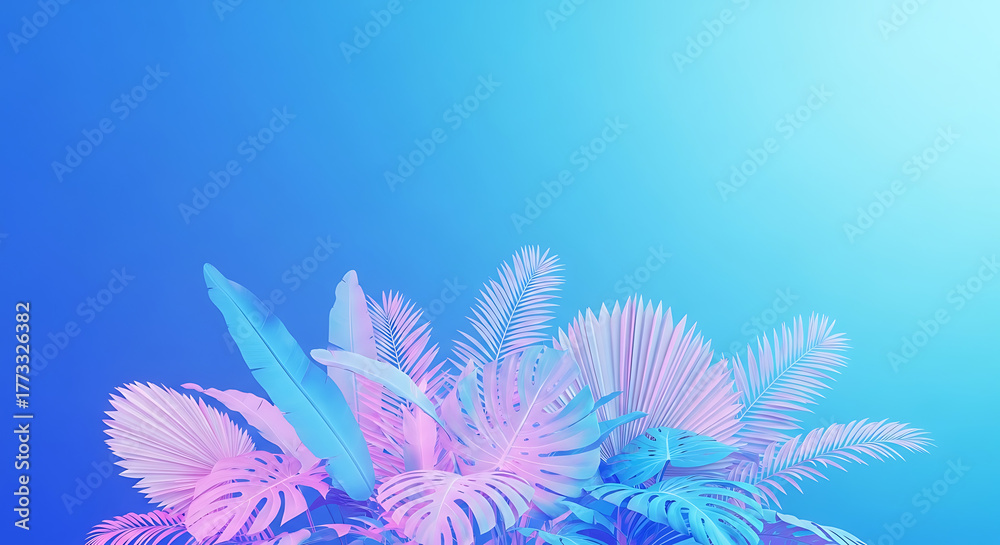 Obraz premium A dreamy arrangement of tropical leaves in pastel neon colors against a gradient blue background, creating a modern and vibrant aesthetic