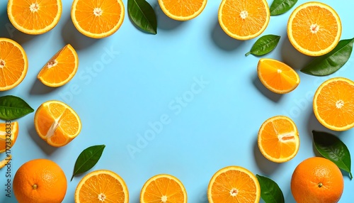 Fototapeta Naklejka Na Ścianę i Meble -  Freshly sliced citrus fruits and green leaves artfully arranged on blue