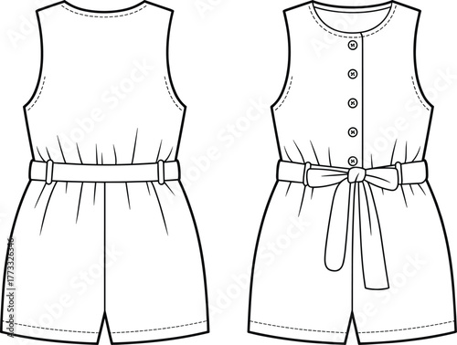 Fashion illustration, technical romper sketch, sleeveless design, button front detail, fabric belt bow, cinched waist drawing, garment construction, apparel technical flat