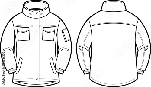 Technical jacket flat sketch, front and back view, vector fashion template, utility outerwear design, garment construction drawing, apparel illustration