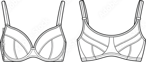 Women’s bra flat sketch, front and back view, vector fashion template, lingerie design, garment construction drawing, apparel technical illustration