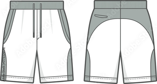 Fashion illustration, technical shorts sketch, athletic design, drawstring waistband detail, side panel contrast, zip pocket accent, curved seam construction, apparel technical flat