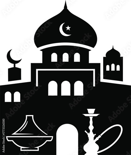 Silhouette of a mosque with crescent moons and hookah