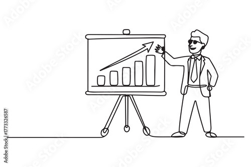 Cartoon of smart businessman presenting business winning strategy on whiteboard. one line Icon drawing with white background