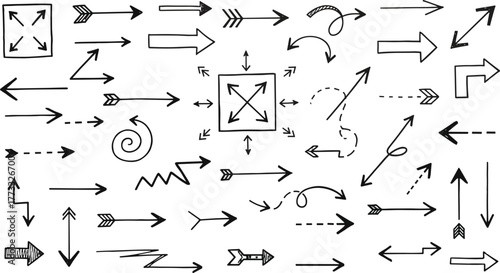 Hand-drawn arrow vector set: sketchy doodle icon collection of pointers for direction, navigation, or creative infographics.