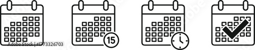 Calendar icon vector set: deadline, schedule, appointment, and time management symbols for date, event, or planning app interface.