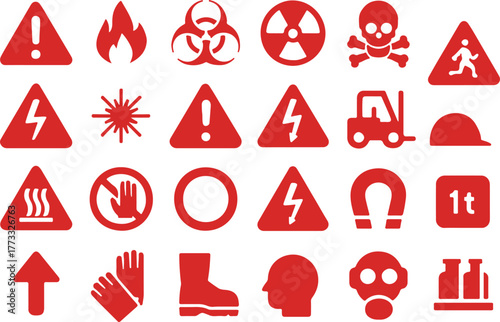 Industrial Safety Icon Set, Hazard Label Silhouettes, High Voltage Flammable Explosive Toxic Corrosive Radioactive Laser Magnetic Vector Illustration