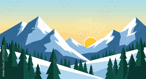 Snowy mountain range with evergreen trees and a bright sun in a blue landscape