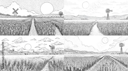 Serene wheat field line art landscape with windmills, sun, and distant hills in minimalist rural countryside style.