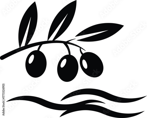 Stylized black olive branch with three olives above wavy lines