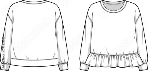 Long sleeve peplum top flat sketch, fashion technical drawing, cuffed sleeve garment design, womenswear apparel illustration, stylish clothing vector for stock