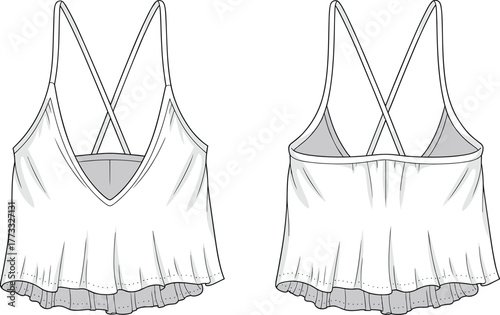 Sleeveless crisscross strap top flat sketch, fashion technical drawing, womenswear apparel illustration, flowy V-neck blouse design, stylish clothing vector for stock