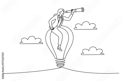 Drawing of businesswoman riding light bulb balloon using spyglass or telescope searching for vision. one line Icon drawing with white background