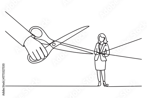 Cartoon of giant hand with scissors cutting the strings attached to businesswoman. one line Icon drawing with white background