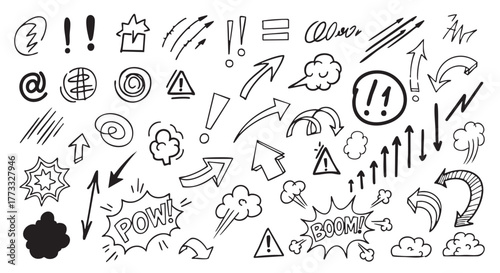 Hand drawn doodle vector elements of comic speech bubbles and arrows