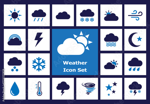 Weather Forecast Flat Color Icon Set Vector - Sun, Rain, Snow, Cloud, Storm, Wind, Temperature, and Moon Symbols for App Design