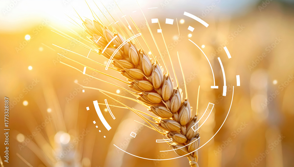 Fototapeta premium Hopeful future for agricultural food security through smart technology and innovation. Analysis of golden wheat crop data from farm supports sustainable growth and harvest