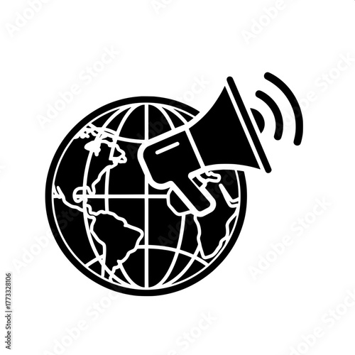 A simple icon representing the concept of global communication and worldwide announcements with a megaphone over a planet earth symbol